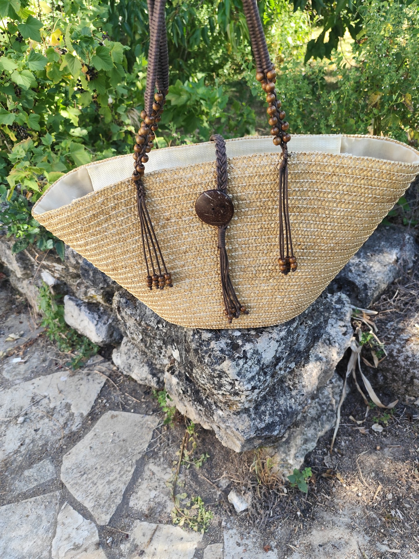 Sac panier avec perles en fibres naturelles