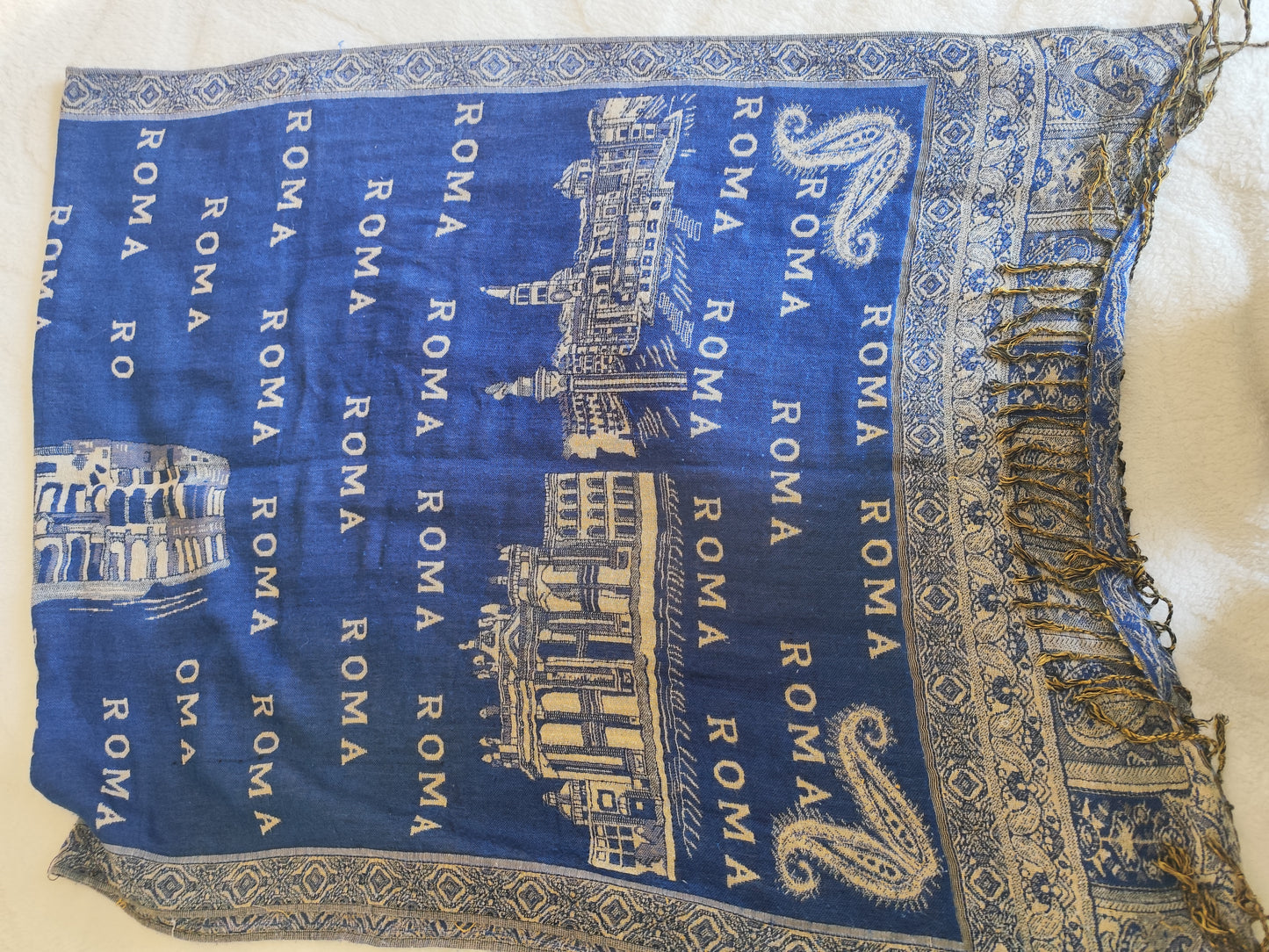 Grande écharpe vintage bleu imprimé Roma – 192x69 cm