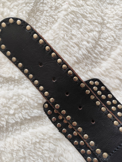 🖤 Ceinture large cuir cloutée & strass vintage 1985  – made in France - 90 cm