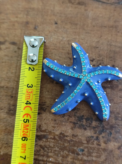 Broche vintage étoile de mer émail bleu et strass turquoise