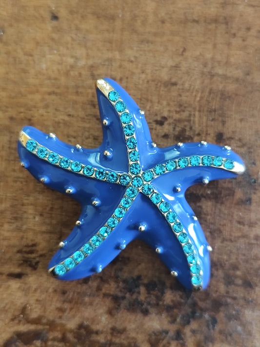 Broche vintage étoile de mer émail bleu et strass turquoise