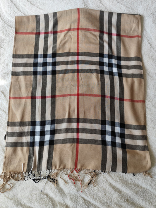 Écharpe motif tartan beige, rouge et noir - 196 x 66 cm