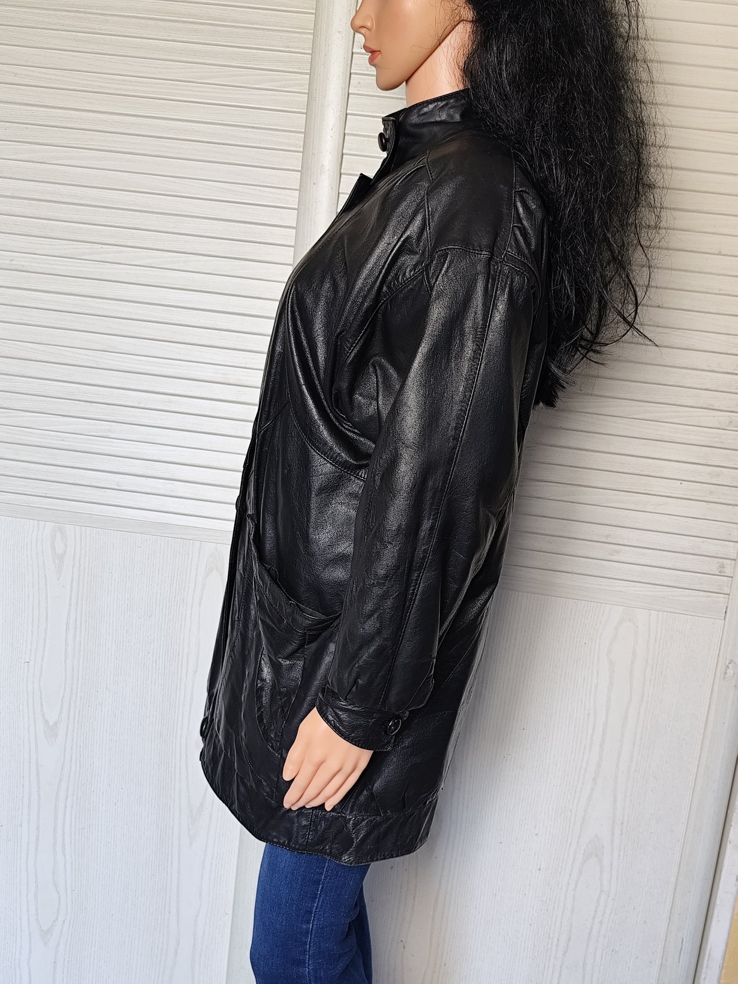 Veste longue en cuir noir Windsor London - Taille estimée 42/44 ou 38/40 oversize