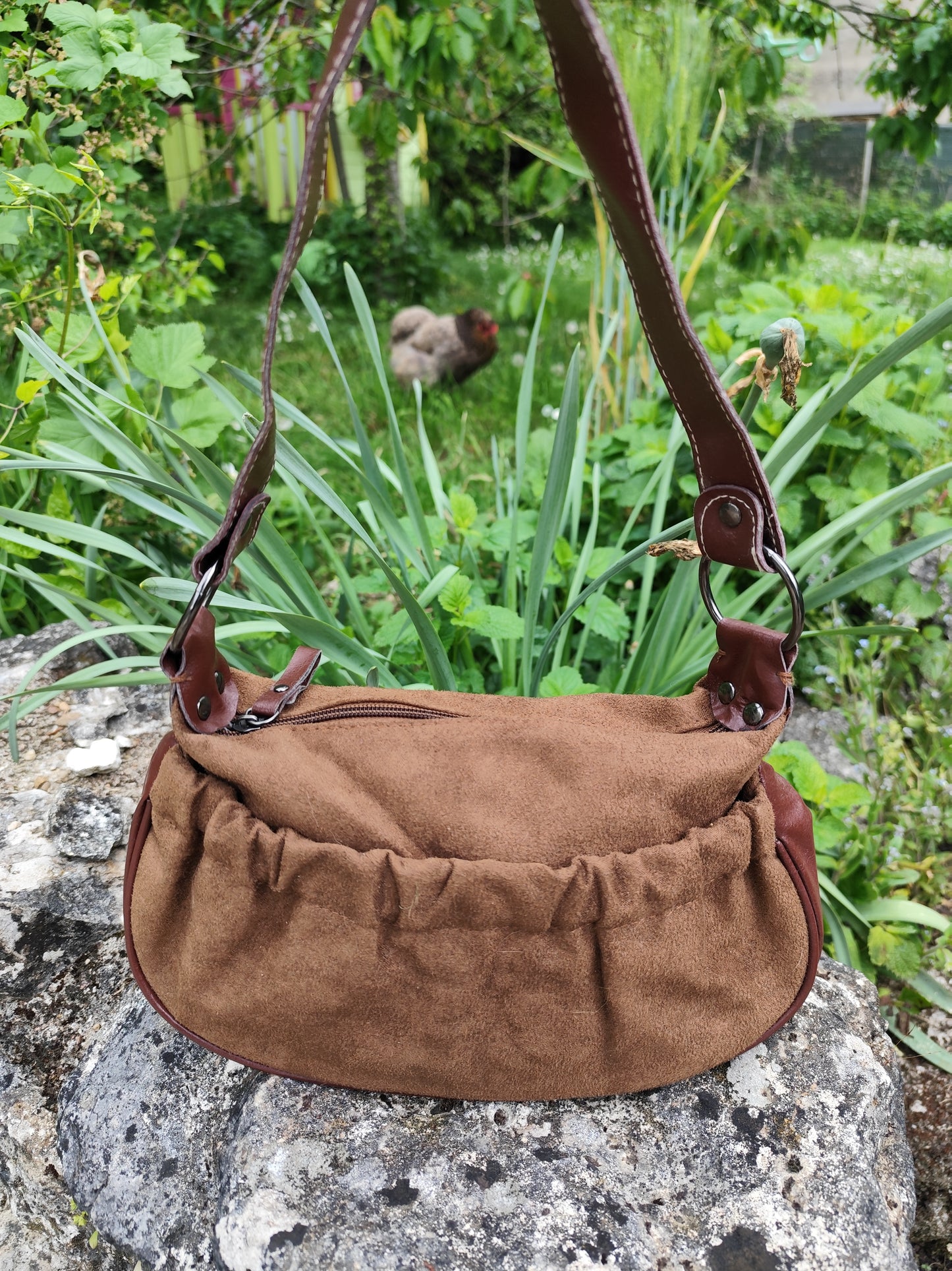 Sac épaule style suédine marron - petit format vintage