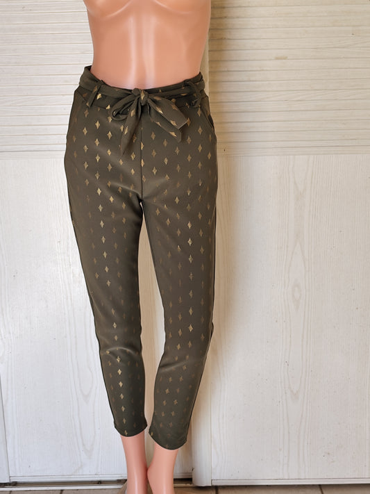 Pantalon slim kaki à motifs dorés Taille 36/38
