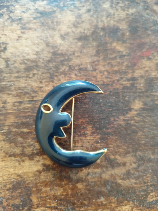 Broche vintage croissant de lune bleue