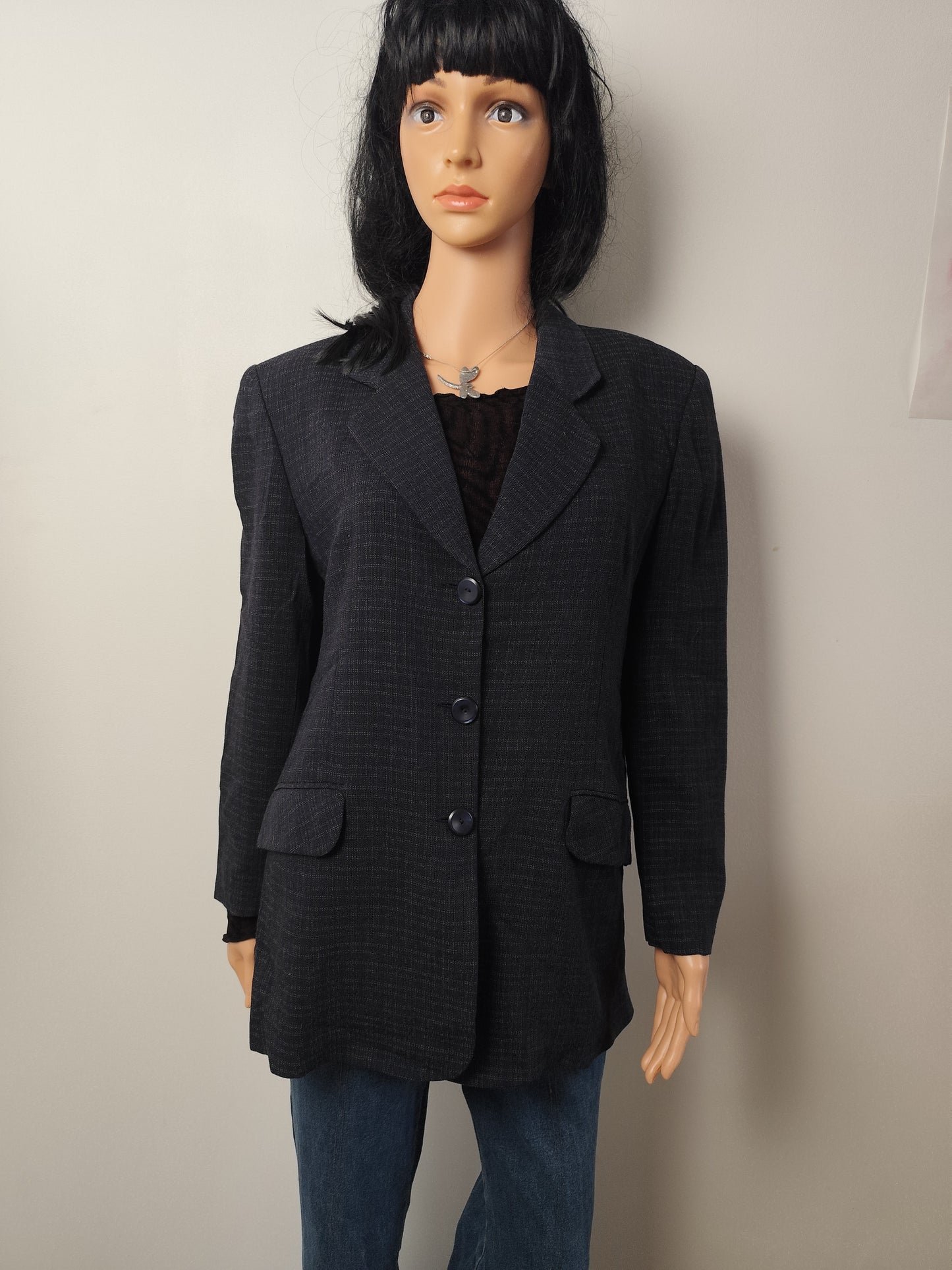 Veste blazer vintage longue à carreaux- 61%  laine – Un Jour Ailleurs – Taille 42
