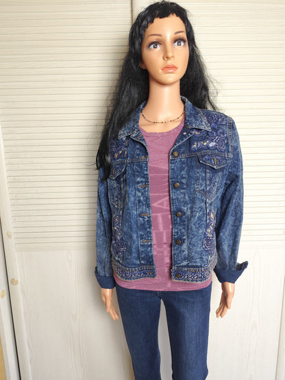Veste en jean vintage avec broderies florales - Taille 38/40