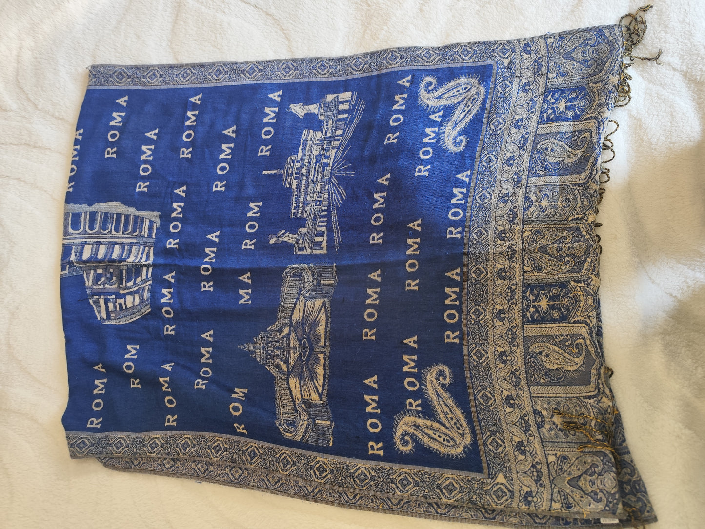 Grande écharpe vintage bleu imprimé Roma – 192x69 cm