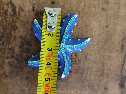 Broche vintage étoile de mer émail bleu et strass turquoise