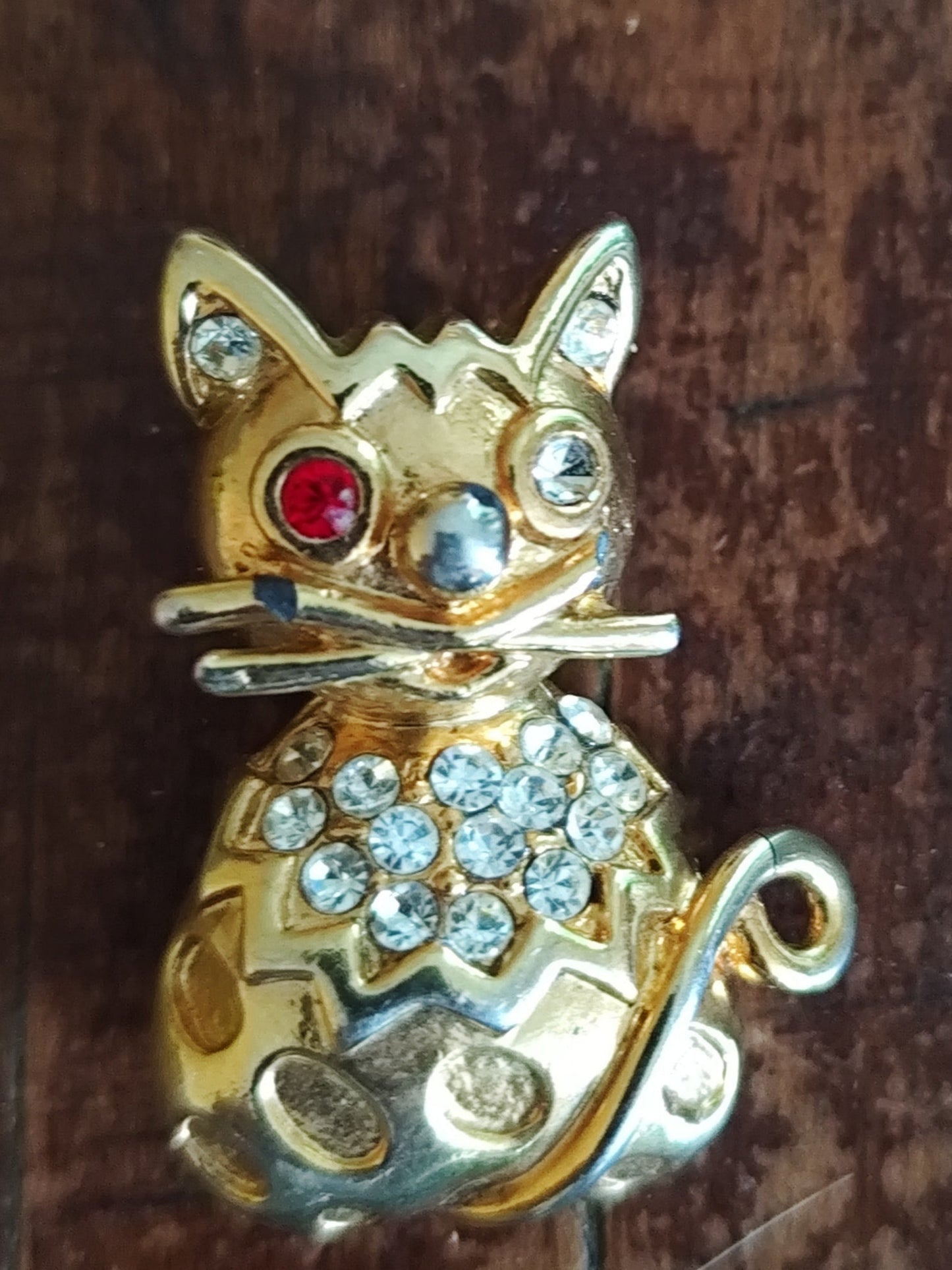Broche vintage chat doré strass