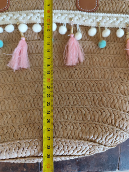 Sac panier d'été CHISIY en paille tressée avec pompons et détails bohèmes