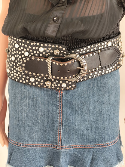 🖤 Ceinture large cuir cloutée & strass vintage 1985  – made in France - 90 cm