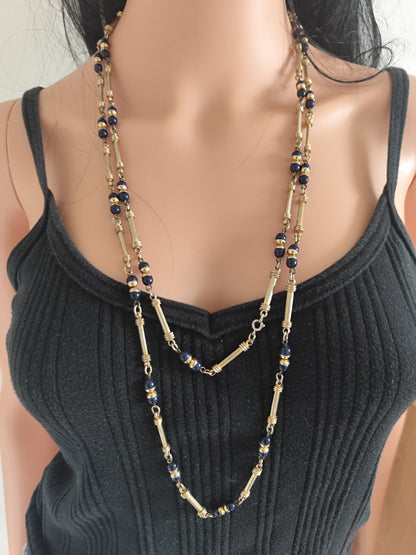 Parure Vintage Années 80/90 – Collier Sautoir & Boucles d’Oreilles – Perles Bleu Nuit & Doré
