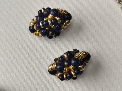 Parure Vintage Années 80/90 – Collier Sautoir & Boucles d’Oreilles – Perles Bleu Nuit & Doré