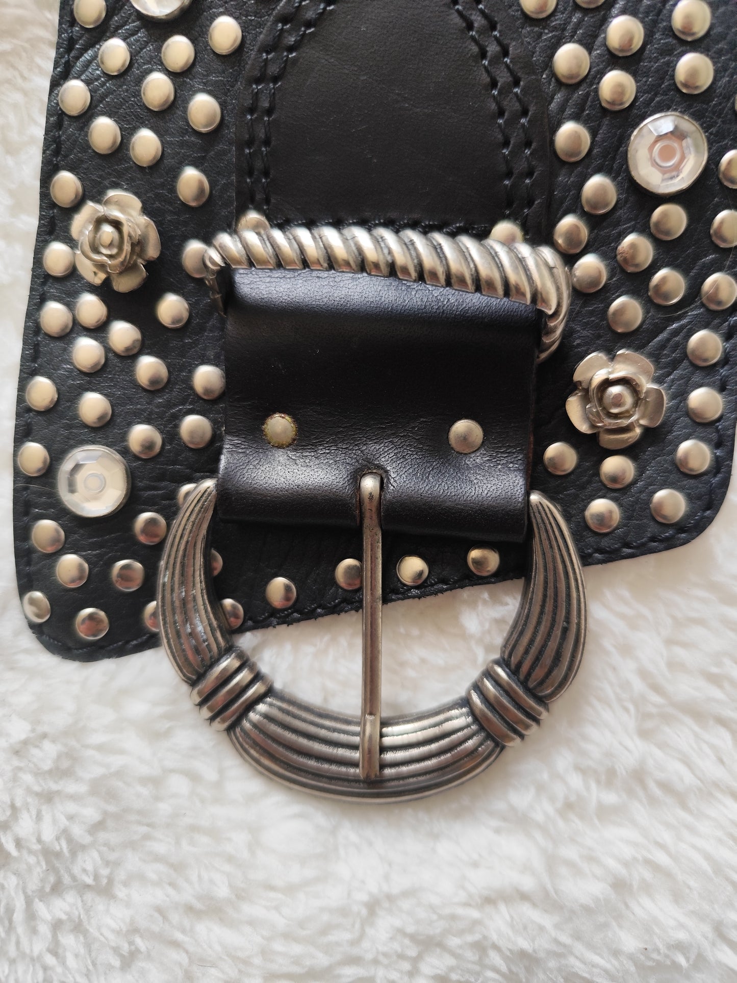 🖤 Ceinture large cuir cloutée & strass vintage 1985  – made in France - 90 cm