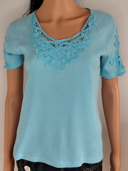 🌿 Haut bleu ajouré en coton – Damart - Taille 38/40 🌿