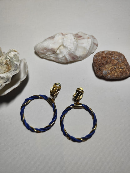 Boucles d’Oreilles Vintage Créoles – Doré & Bleu – Clip