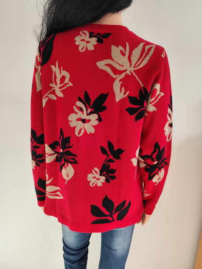 Pull coupe droite rouge à motifs fleurs Brandtex – Taille 38/40