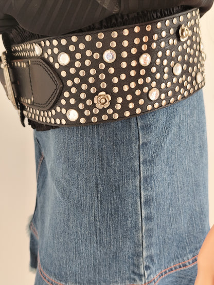 🖤 Ceinture large cuir cloutée & strass vintage 1985  – made in France - 90 cm