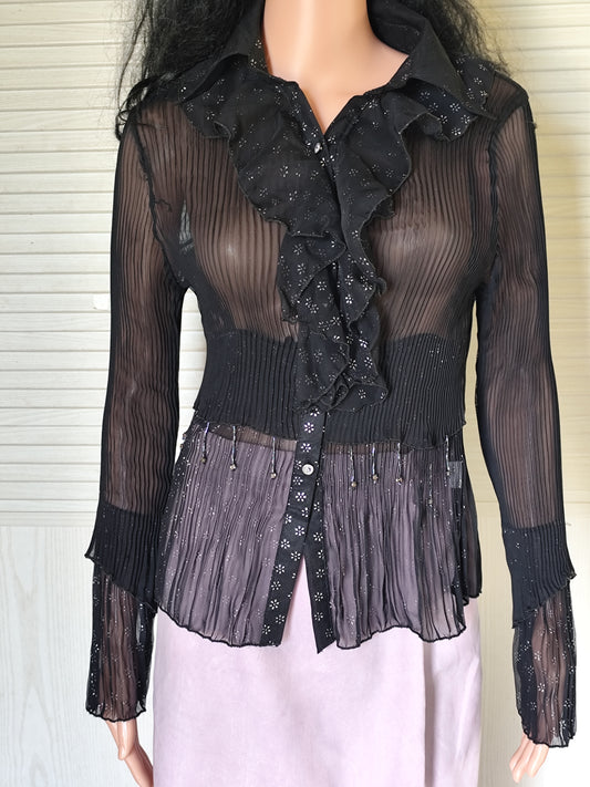 Chemisier noir plissé et perlé Lusa - Style romantique chic - Taille 38/40