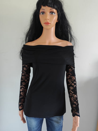 Top noir épaules dénudées manches dentelle – Joseph Ribkoff – taille 40