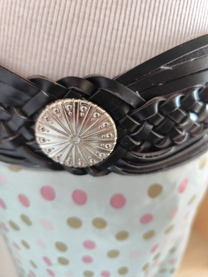 Ceinture noire tressée  boucle ronde gravée - 95 cm