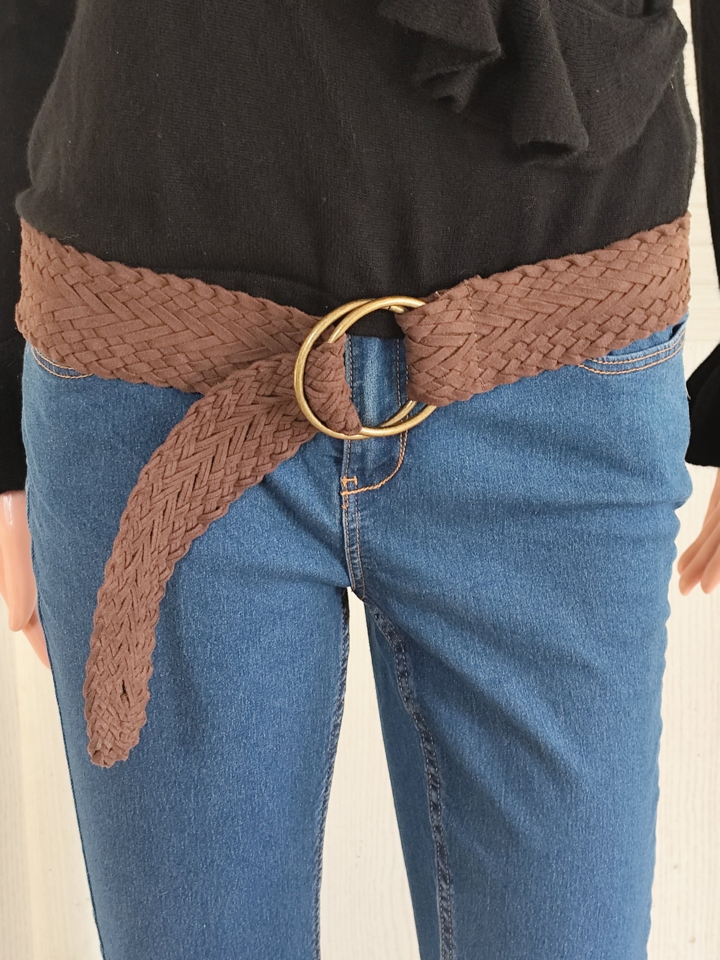 Ceinture large tressée marron effet daim - 108 cm hors boucle