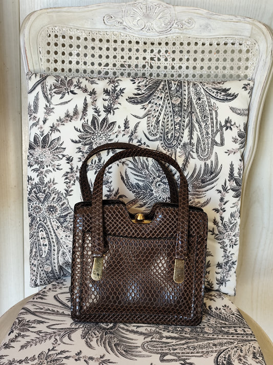 Petit sac à main vintage en cuir véritable façon python - ouverture docteur
