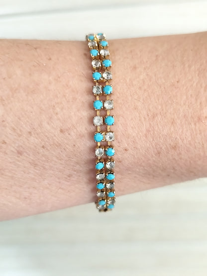 Bracelet doré vintage double rang perles turquoise et cristaux
