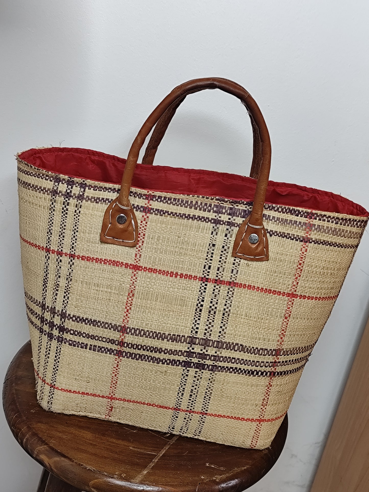 Panier cabas en osier & tissu écossais – Style champêtre chic