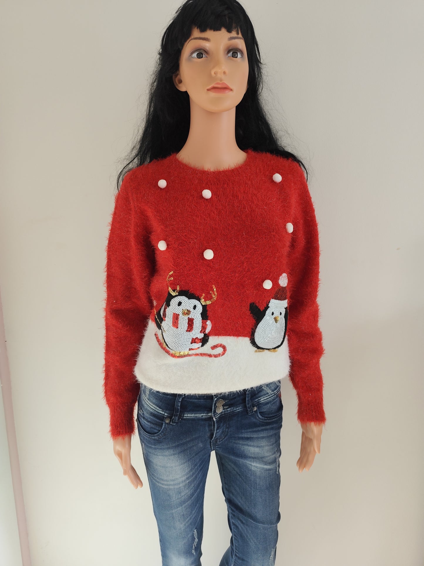 Pull de Noël rouge – pingouin & renne – T. 38/40