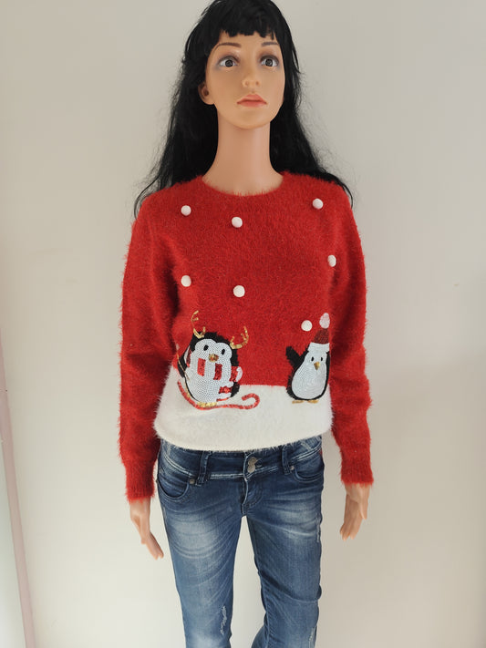 Pull de Noël rouge – pingouin & renne – T. 38/40