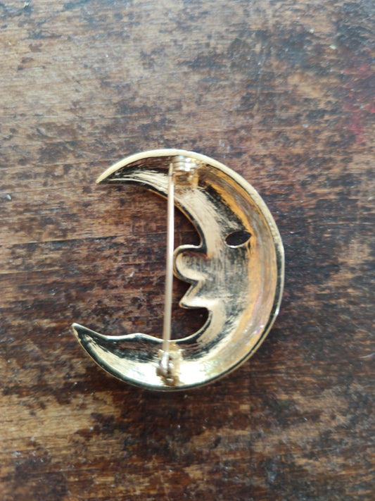 Broche vintage croissant de lune bleue