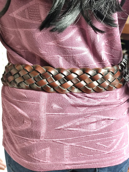 Ceinture vintage en cuir tressé marron - 90 cm