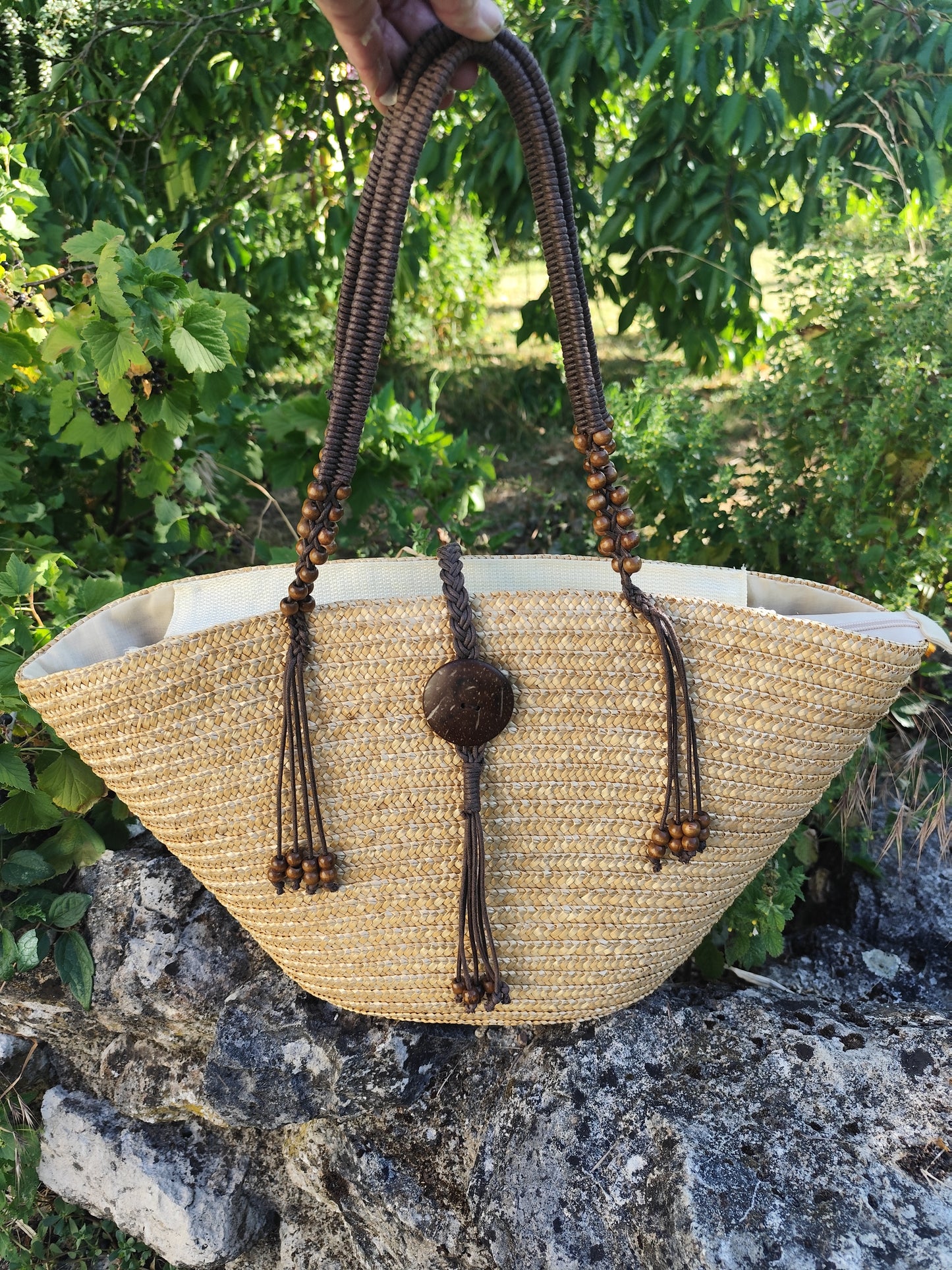 Sac panier avec perles en fibres naturelles