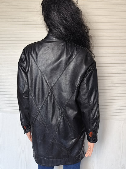 Veste longue en cuir noir Windsor London - Taille estimée 42/44 ou 38/40 oversize