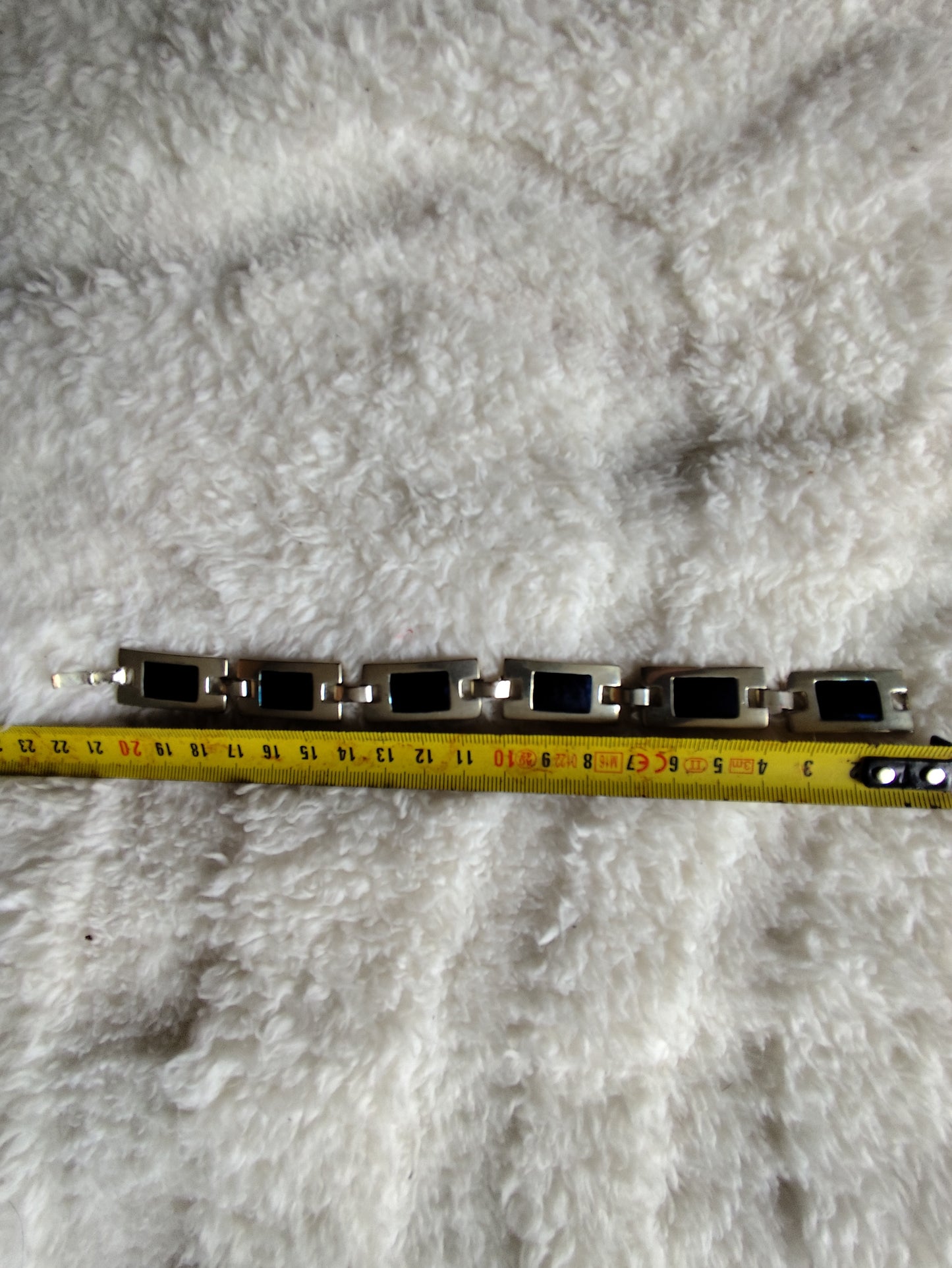 Bracelet vintage argenté à maillons rectangulaires bleu