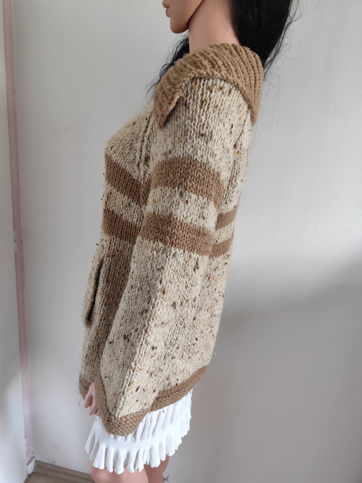 Gilet épais tricoté main - marron et beige chiné – Taille 40/42