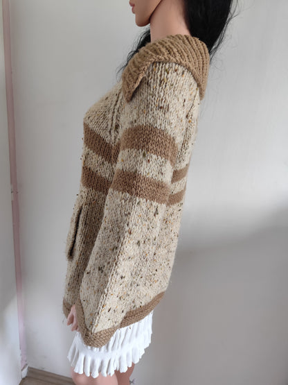 Gilet épais tricoté main - marron et beige chiné – Taille 40/42