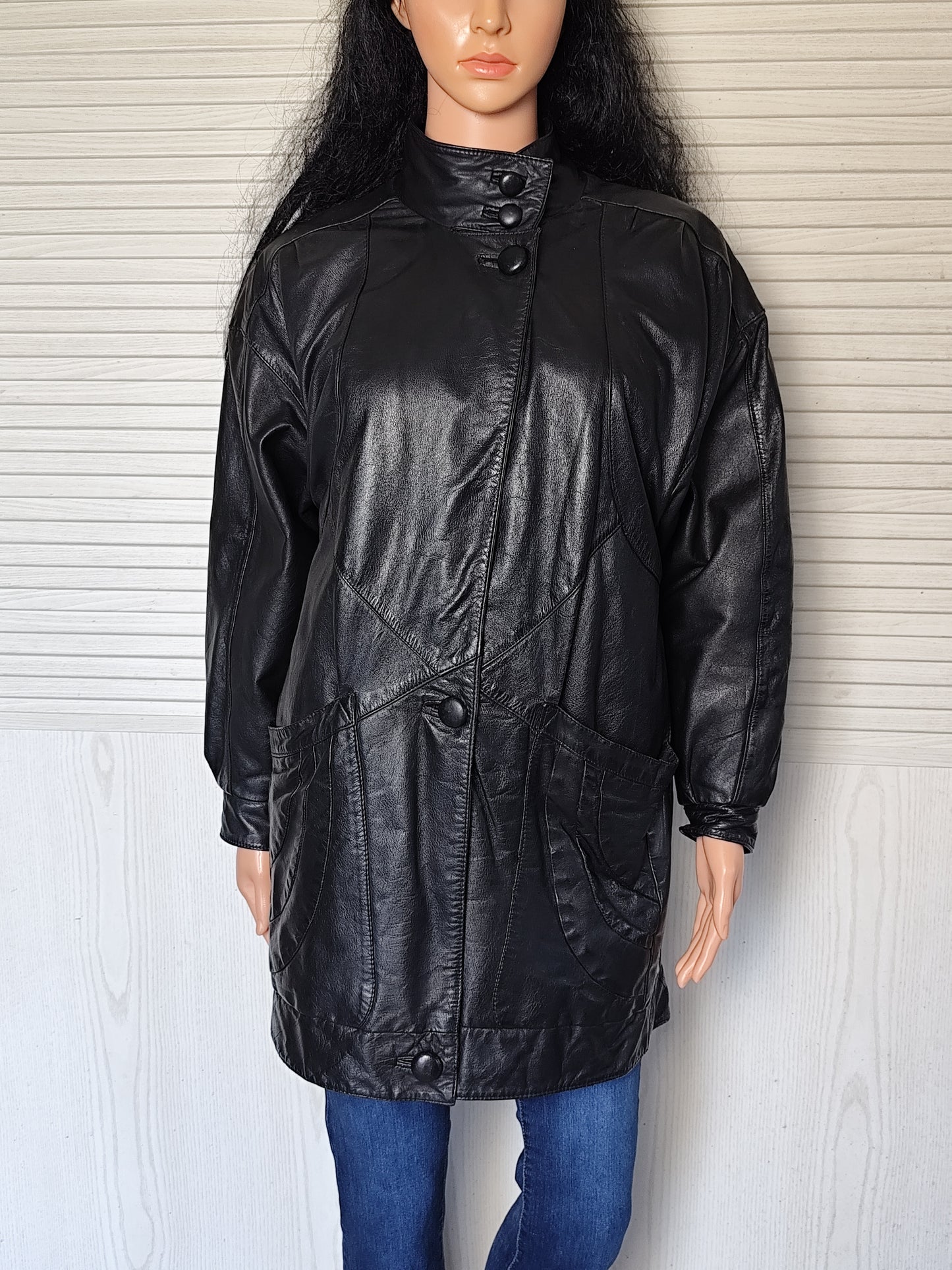 Veste longue en cuir noir Windsor London - Taille estimée 42/44 ou 38/40 oversize