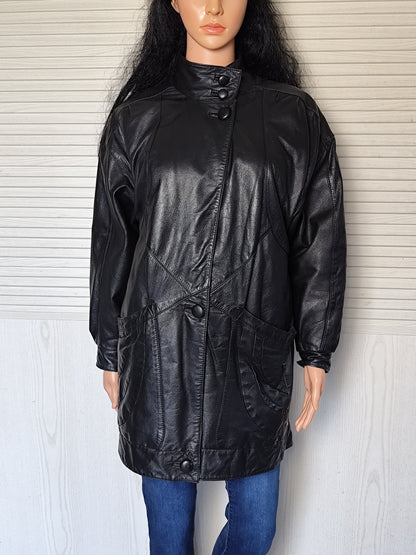 Veste longue en cuir noir Windsor London - Taille estimée 42/44 ou 38/40 oversize