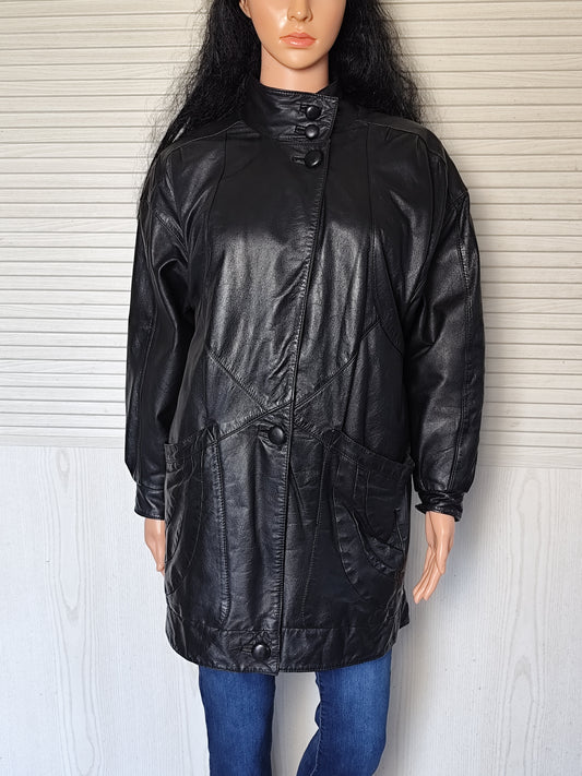 Veste longue en cuir noir Windsor London - Taille estimée 42/44 ou 38/40 oversize