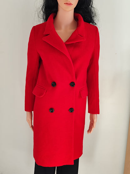 Manteau rouge vif – coupe droite, boutonnage croisé – 36/38