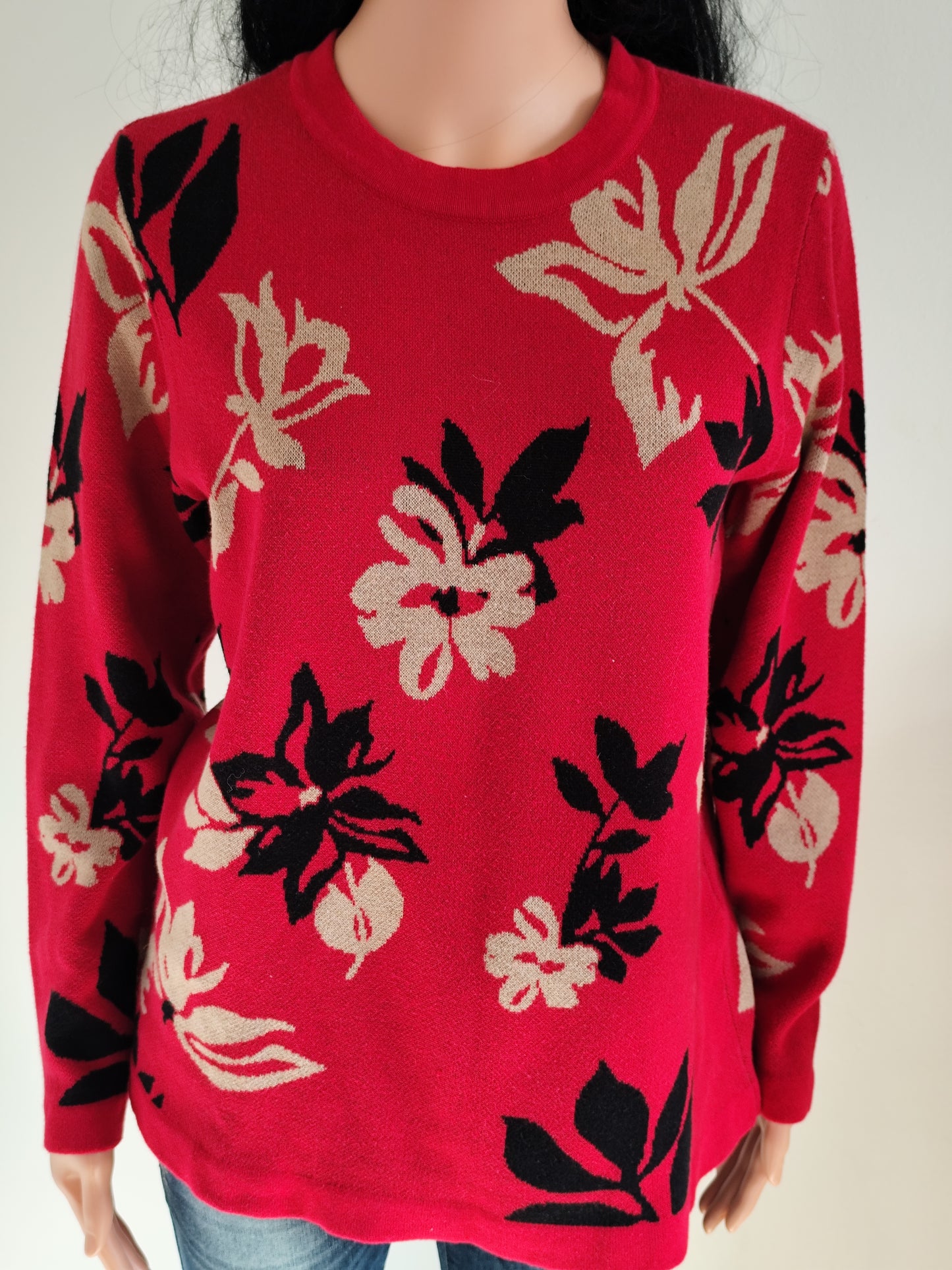 Pull coupe droite rouge à motifs fleurs Brandtex – Taille 38/40
