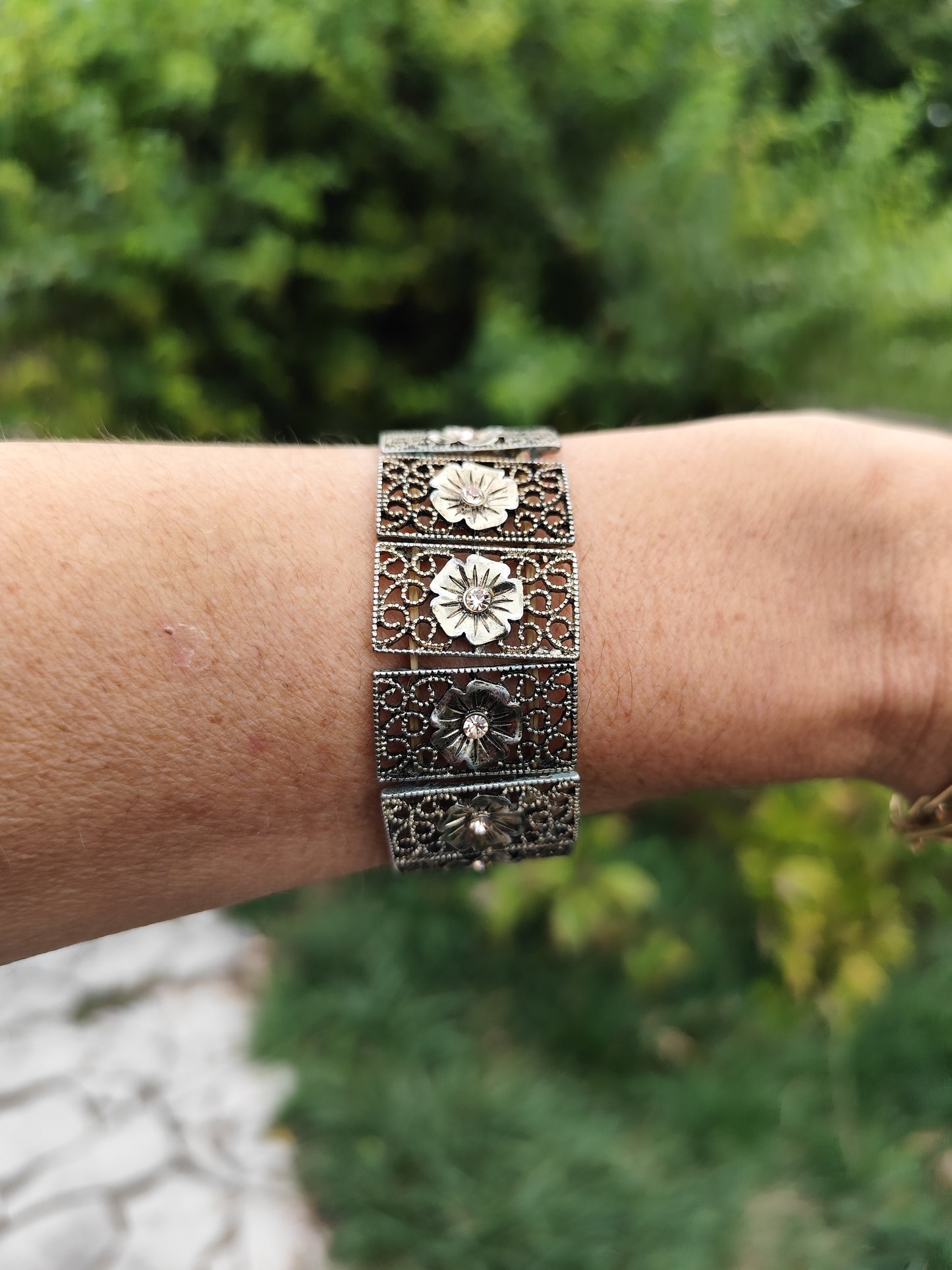 Bracelet vintage élastiqué argent vieilli