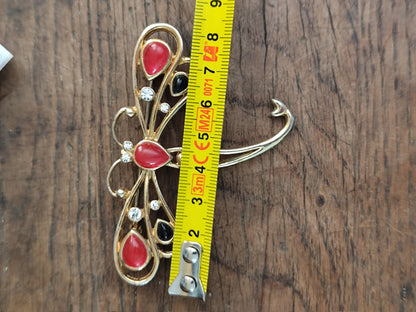 Grande broche libellule dorée émail rouge et noire