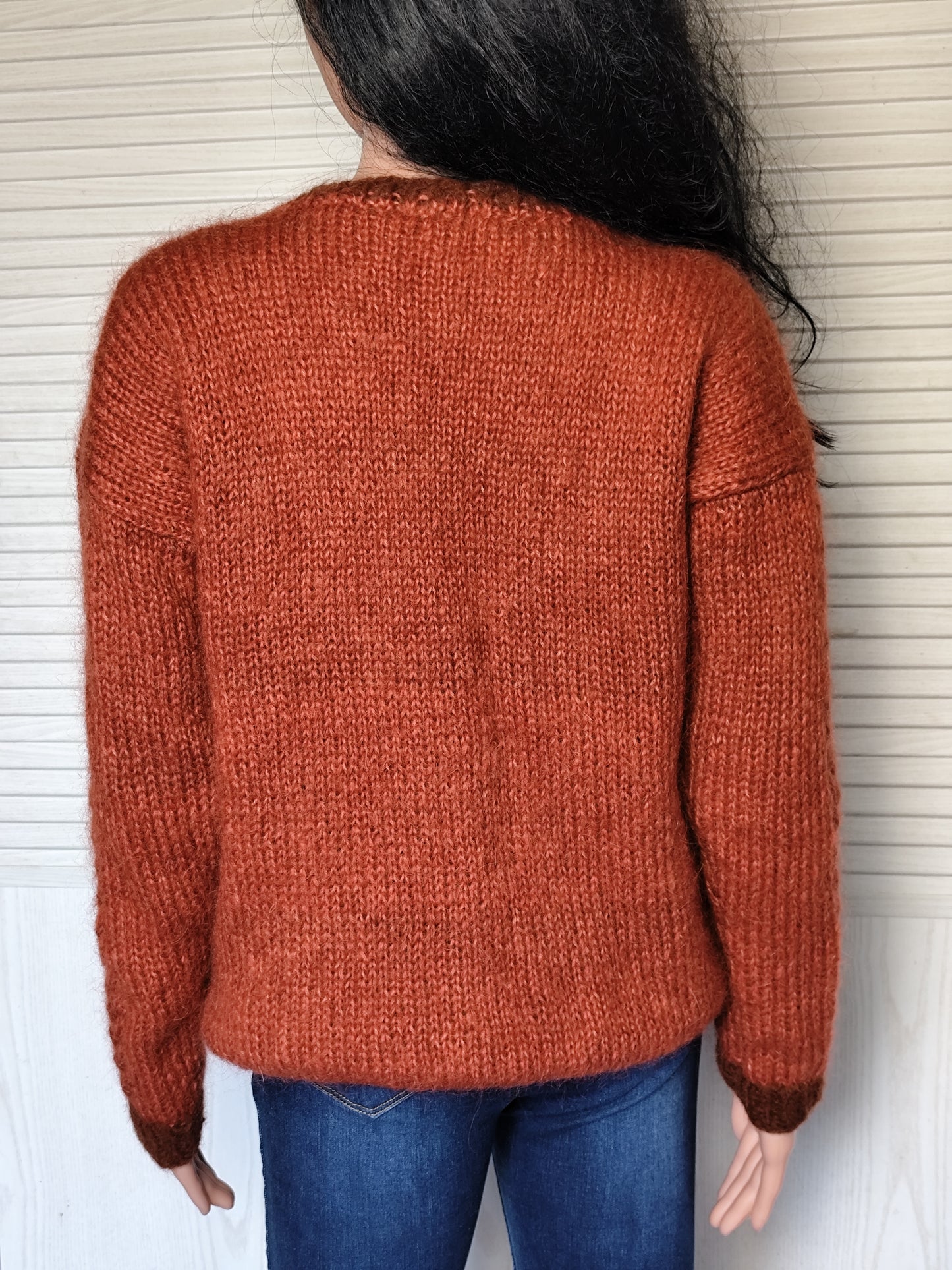 Pull vintage tricoté main rouille à torsades - Taille 40/42 ou 36/38 oversize