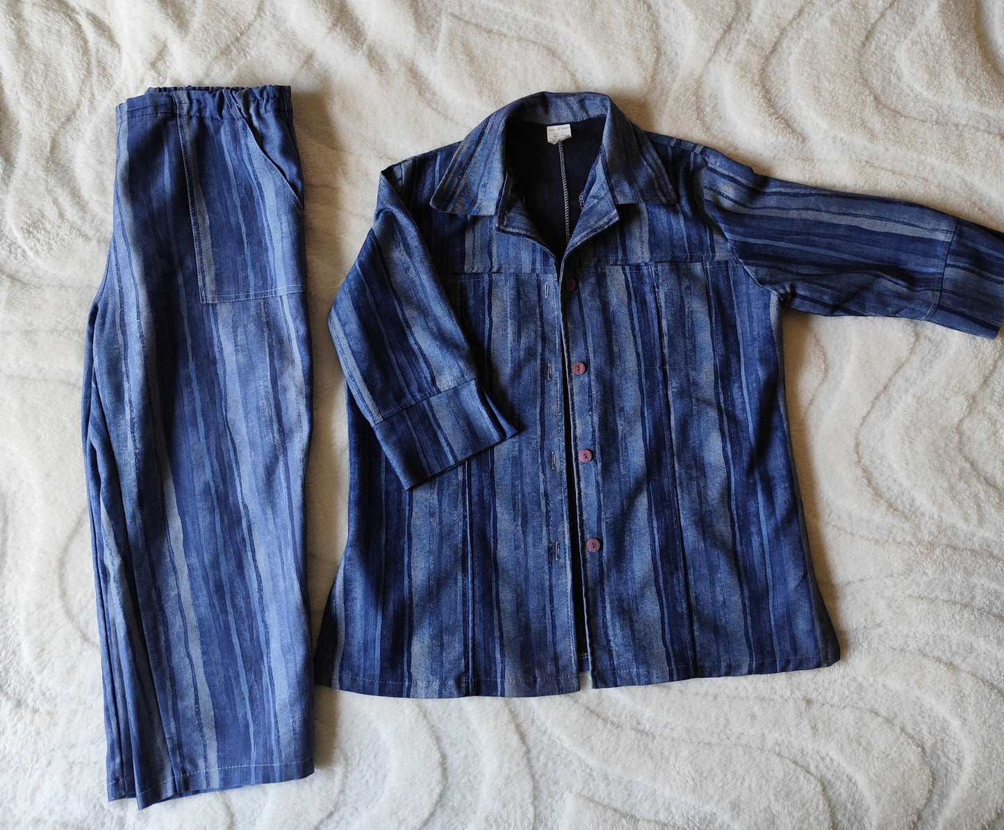Ensemble vintage denim deux pièces à rayures bleu – Made in France – T. 44