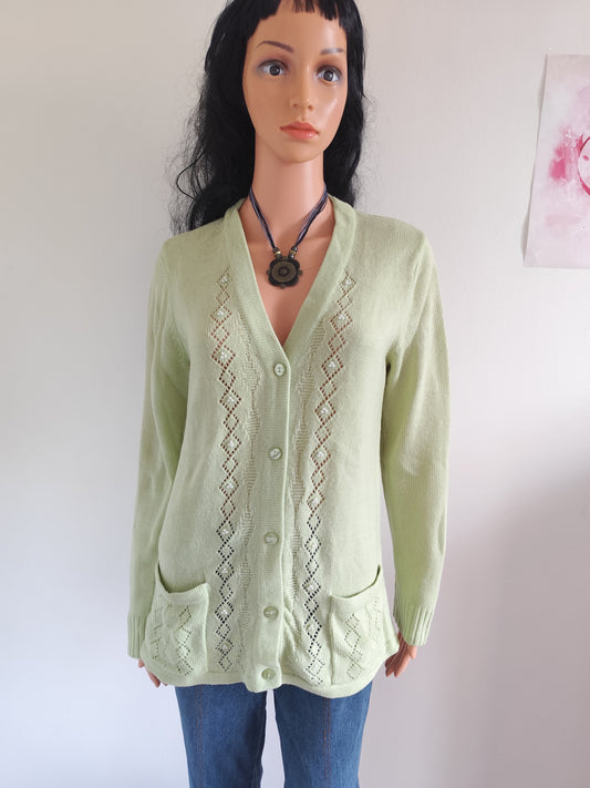 Gilet vert amande Afibel maille ajourée et perles nacrées - taille 38/40